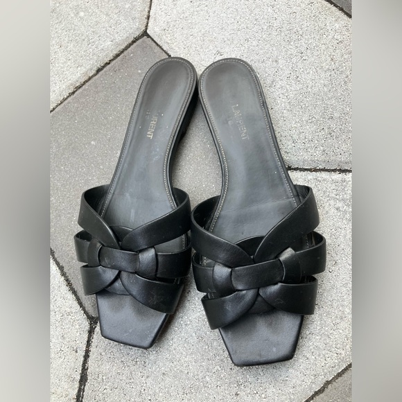 Saint Laurent Tribute Sandal Flat Mules Black Slides Smooth Leather - Picture 5 of 9